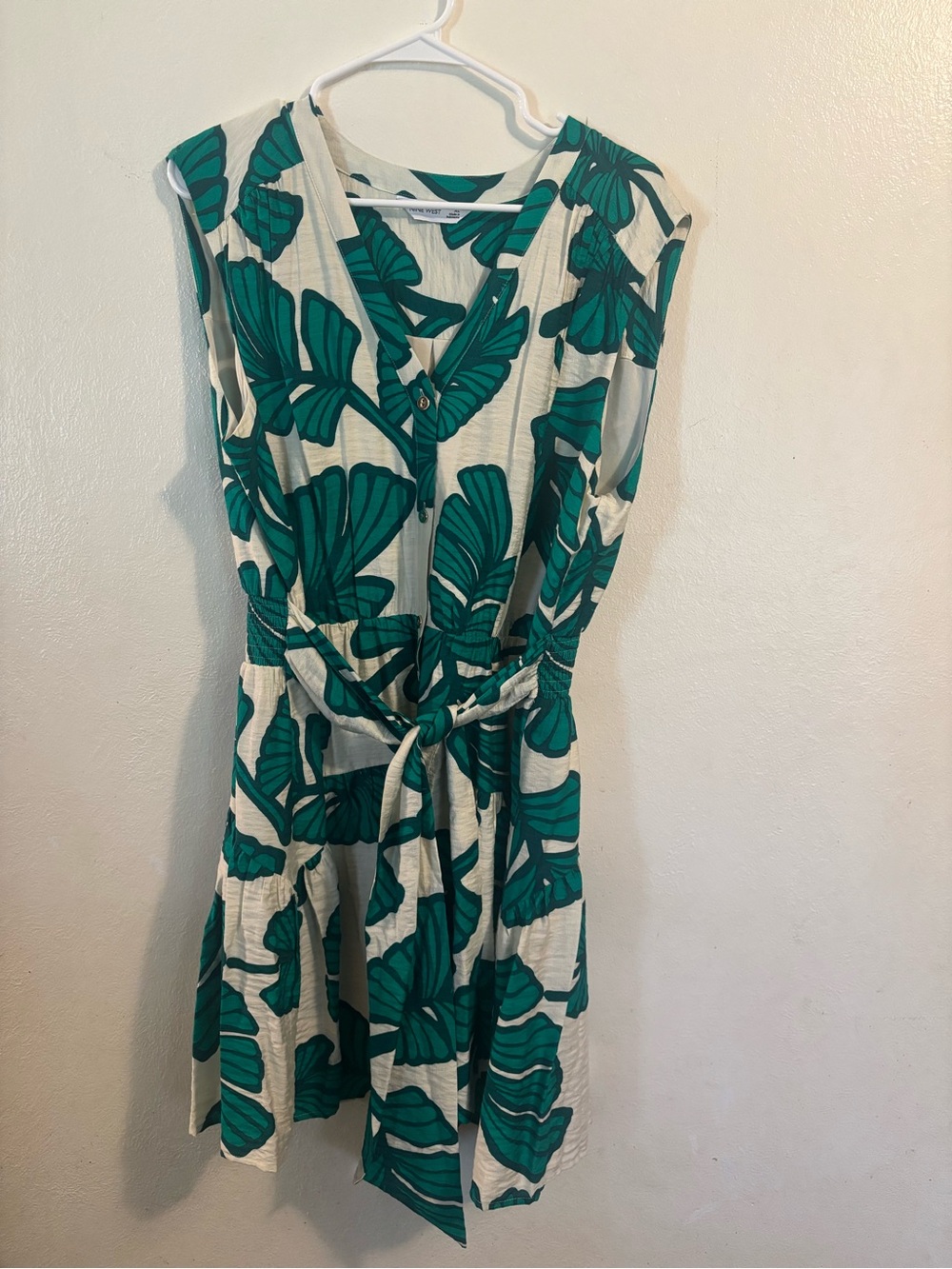 Nine West White Midi Dress with Teal Leaf Print